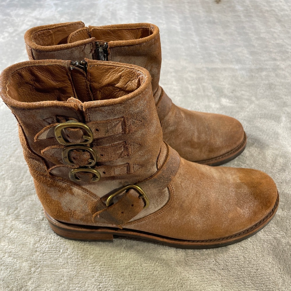 Frye Veronica Boots Womens 10 Belted Side Zipper Brown Distressed Moto Boho